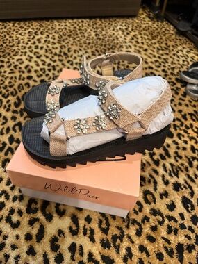 Wild Pair Tan Jeweled Platform Sandals for Women